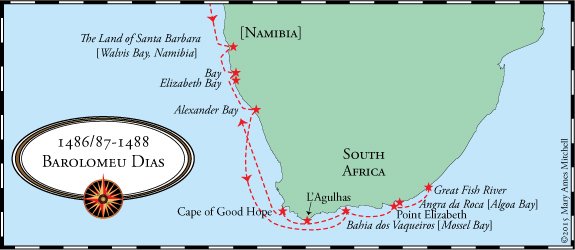 مسیر سفر اکتشافی بارتولئومو دیاز که به آشنایی پرتقالی با دماغه امید نیک انجامید.